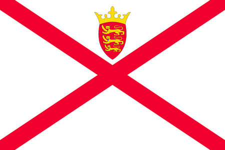 Jersey national flag, island, dependency of the United Kingdom, red saltire on a white field, surmounted by a yellow crown, and the badge. Vector flat style illustrationのイラスト素材