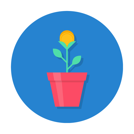 Gold coin flower pot, creative making money solution, office motivation. Vector flat style cartoon illustration in rounded shape. Business success conceptのイラスト素材