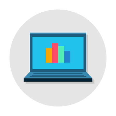 Laptop flat icon. Diagramm on screen. Internet technology or office work symbol. Flat internet icon in rounded shape. Web and mobile design element. Vector colored illustration.のイラスト素材