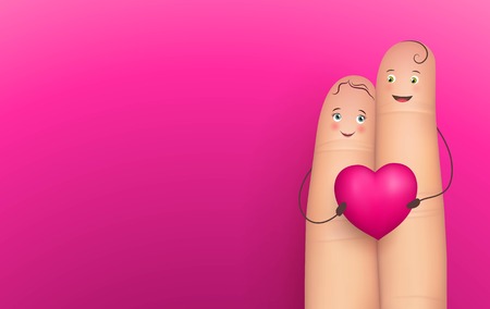 Two happy fingers holding heart, realistic, pink backgroundのイラスト素材