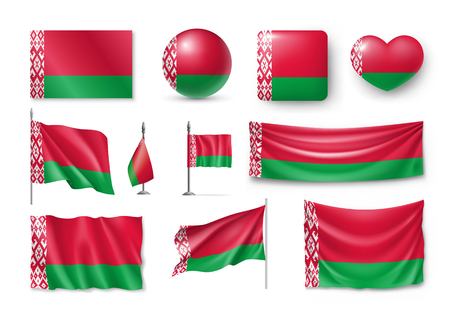 Set Belarus flags, banners, banners, symbols, flat icon. Vector illustration of collection of national symbols on various objects and state signsのイラスト素材