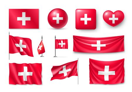 Set Switzerland flags, banners, banners, symbols, flat iconのイラスト素材