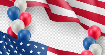 USA country patriotic horizontal flyer with space for text. Realistic waving american flag and air balloons on transparent background. Independence and freedom, democracy and patriotism vector bannerのイラスト素材