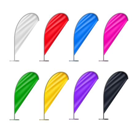 Colorful beach flags set isolated on white background. Realistic teardroup blank flag for outdoor event presentation, business promotion or sport competition. Vertical marketing vector objectsのイラスト素材