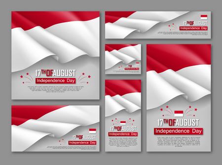 Indonesian Independence day celebration posters set. 17th of August felicitation greeting vector illustration. Realistic backgrounds with indonesian flag. Indonesian national patriotic holiday.のイラスト素材