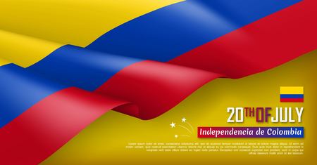 Colombian Independence day horizontal web banner. Patriotic background with realistic waving colombian flag. National traditional holiday vector illustration. Colombia republic day celebratingのイラスト素材