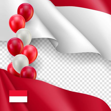 Indonesian patriotic template with copy space. Realistic waving indonesian flag and colorful helium balloons on transparent background. Independence and freedom, democracy and patriotism vector bannerのイラスト素材