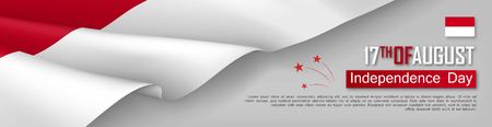 Indonesian Independence day horizontal web banner. Patriotic background with realistic waving indonesian flag. National traditional holiday vector illustration. Indonesia republic day celebratingのイラスト素材
