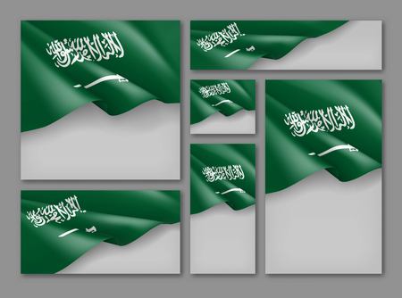 Kingdom of Saudi Arabia patriotic festive banners set. Realistic waving arabian flag on grey background. Independence and freedom vector layouts. Saudi Arabia national day concept with space for textのイラスト素材
