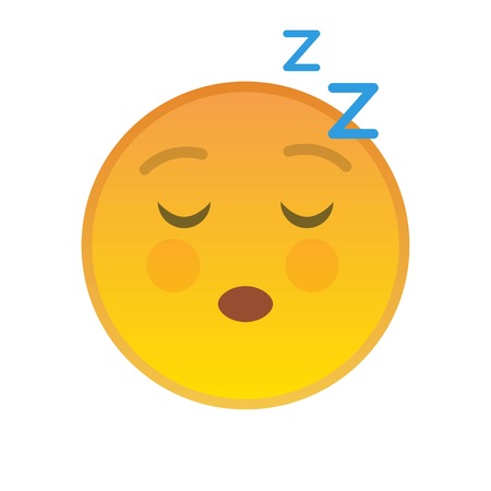 Sleeping emoticon isolated element. Relaxing yellow emoji symbol with closed eyes. Social communication and internet chatting vector sign. Tired smiley face with facial expression in flat style.のイラスト素材