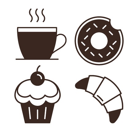Coffee house outline web pictograms. Coffee cup, donut, croissant and cupcake linear icons. Coffee shop isolated logo. Cafe and restaurant menu design elements. Hot drinks and sweets vector signsのイラスト素材