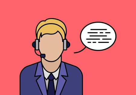 Support phone operator in headset banner. Online assistance outline concept. Male operator in call center advertising. Phone consultation service and telemarketing company vector illustration.のイラスト素材
