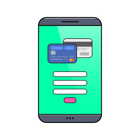 Smartphone with credit card on screen thin line icon. Internet shopping and ecommerce pictogram. Online payment and banking services with mobile phone. Virtual credit card wallet vector illustration.のイラスト素材