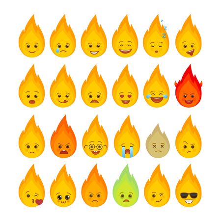 Fire flame funny emoticons isolated set. Romantic, love, laugh, happy blazing bonfire emoji symbols. Social communication and chatting vector elements. Campfire smile face with facial expressionのイラスト素材