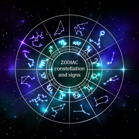 Zodiac circle with astrology symbols in neon styleのイラスト素材