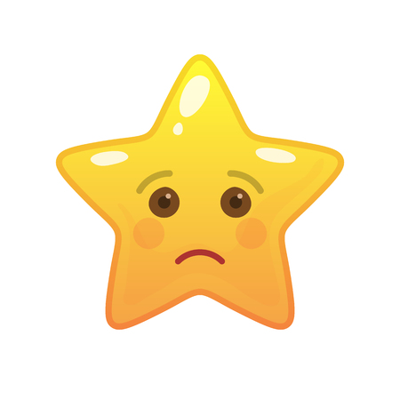 Sad star shaped comic emoticon. Tragic face with facial expression. Sorrowful emoji symbol for internet chatting. Funny social communication animated character. Mood message isolated vector elementのイラスト素材