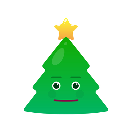 Cute christmas tree isolated emoticon. Neutral green fir tree with decoration emoji. Merry Christmas and happy new year vector element. Indifferent face with facial expression. Winter holidays symbolのイラスト素材