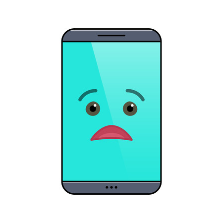 Miffed mobile phone isolated emoticon icon. Sorrowful digital device emoji symbol. Social communication and chatting. Sad smartphone showing facial emotion. Animated cell phone vector illustrationのイラスト素材