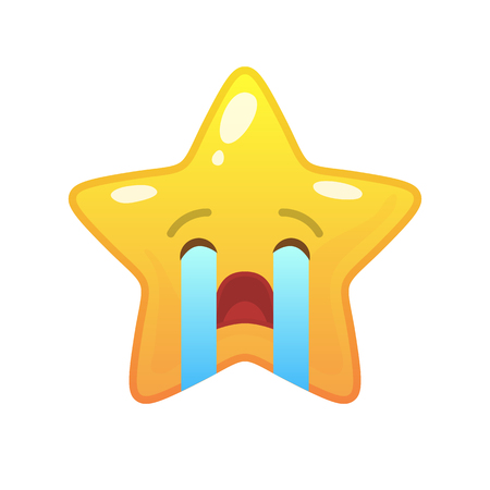 Crying star shaped comic emoticon. Weeping face with facial expression. Sobbing emoji symbol for internet chatting. Funny social communication animated character. Mood message isolated vector elementのイラスト素材