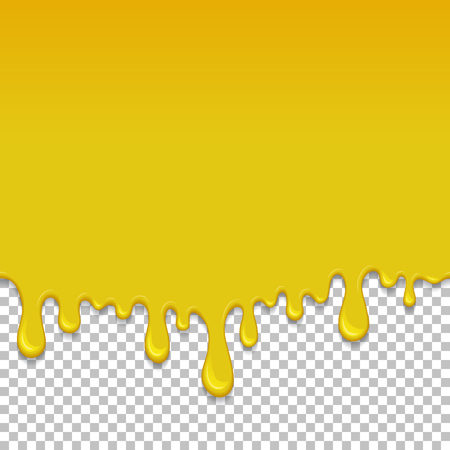 Yellow dripping slime seamless pattern. Honey background with copy space. Kids sensory toy vector illustration. Realistic liquid dessert isolated element. Flowing yellow fluid. Paint drops and blots.のイラスト素材