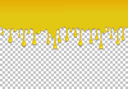 Yellow dripping slime seamless pattern. Honey background with copy space. Kids sensory toy vector illustration. Realistic liquid dessert isolated element. Flowing yellow fluid. Paint drops and blots.のイラスト素材