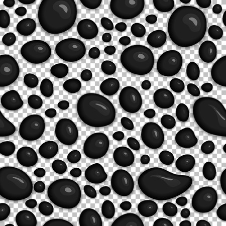 Black drops of slime isolated on transparent background. Realistic petroleum bubbles of different shapes. Seamless pattern with shiny and glossy oil drops. Popular kids relax toy vector illustration.のイラスト素材