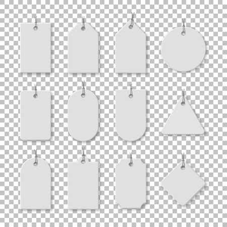 White cardboard price tags with shadow for sale campaign. Different shapes of realistic label templates with space for text isolated on transparent background. Retail advertising vector illustration.のイラスト素材