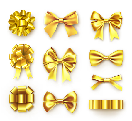 Luxury gold gift bows with ribbons. Wedding and anniversary decor isolated on white background. Realistic decoration for holidays presents and cards. Elegant object from silk vector illustrationのイラスト素材