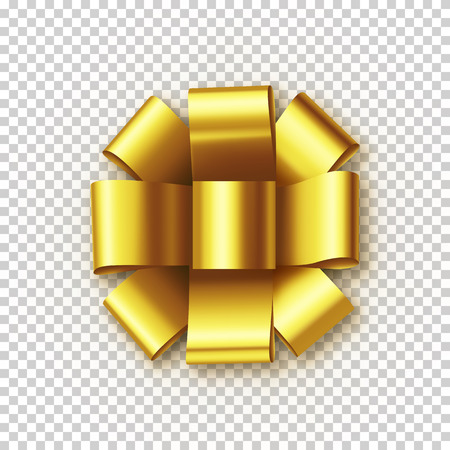 Beautiful golden bow from satin tape isolated on transparent background. Realistic decoration for competition or achievement congratulation. Bright bow for diploma design vector illustration.のイラスト素材