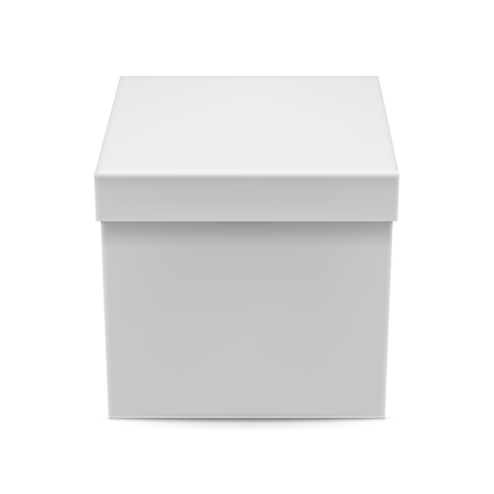 Closed cardboard box mockup. Blank packaging box isolated on white background vector illustration. Realistic white box for any products branding and design. Pasteboard delivery container.のイラスト素材