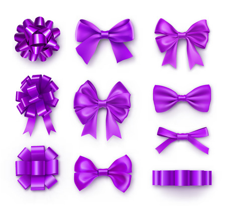 Purple gift bows with ribbons. Realistic decoration for holidays presents and cards. Elegant object from silk vector illustration. Valentines or birthday decor isolated on white backgroundのイラスト素材