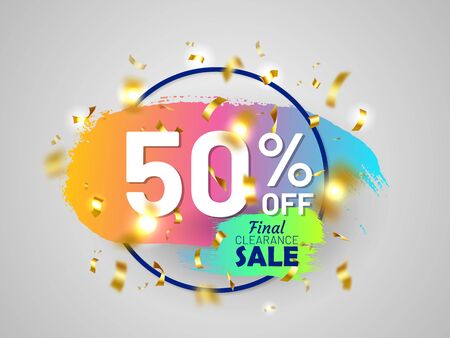 Final clearance sale tag with round frame and gold festive confetti and paintbrush stroke. 50 percent off banner. Bright colorful gradient design. Holiday shopping and weekend discount proposition.のイラスト素材