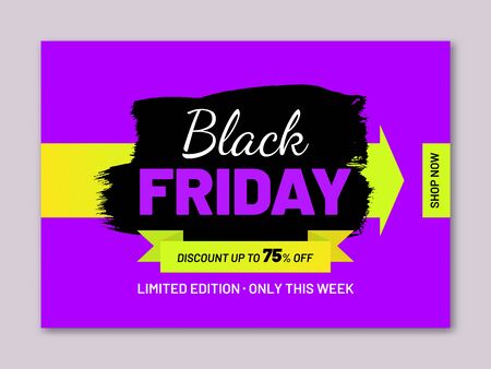 Black Friday sale modern web banner. Discount 75percent off. Retail sticker in shape of paintbrush stroke on purple background. Promotion and marketing campaign. Seasonal sale event announcement.のイラスト素材