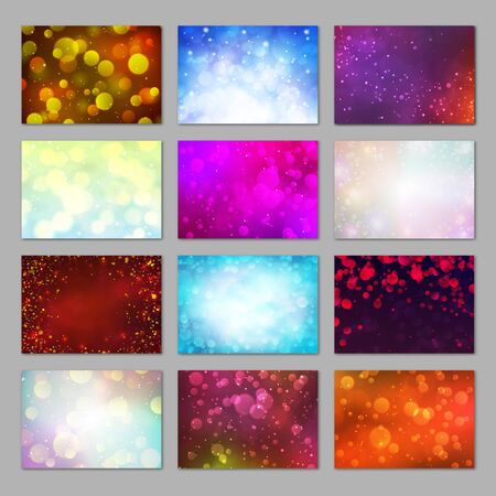 Magic colorful blurred backgrounds set with bokeh lights. Sunny day, city night, winter sky concepts. Bright glitter lights backdrops. Abstract soft light defocused wallpapers vector illustration.のイラスト素材