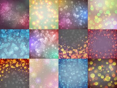 Beautiful colorful blurred backgrounds set with bokeh blur. Bright glitter lights on transparent backdrop. Abstract soft light defocused wallpapers vector illustration. Festive luminous designのイラスト素材
