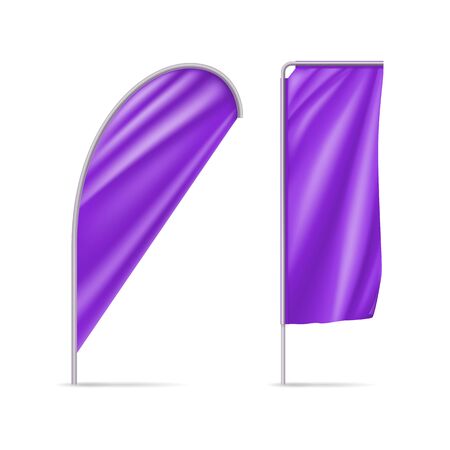 Plum teardrop and rectangular flags mockups. Realistic stationary expo banners for outdoor presentation, exhibition or sport competition. Product advertising and promotion vector illustration.のイラスト素材