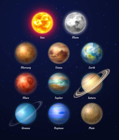 Colorful sun, moon and nine planets of solar system on deep blue space background. Galaxy discovery and exploration. Realistic planetary vector illustrations set. Astronomy and astrophysics scienceのイラスト素材