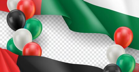 United Arab Emirates horizontal flyer with copy space. Realistic fluttering flag and colorful helium balloons on transparent background. Independence and patriotism vector banner. UAE holiday eventのイラスト素材