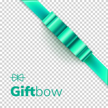 Green ribbon bow with shadow isolated on transparent background. Realistic decoration for birthday congratulation. Square layout for congratulation with shiny blue silk ribbon vector illustration.のイラスト素材