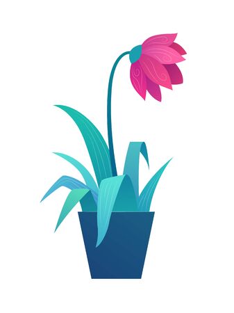 Beautiful flower in pot. Pink potted tulip with leaves icon isolated on white background. Colorful spring flower vector illustration in cartoon style. Home botany and gardening symbol.のイラスト素材