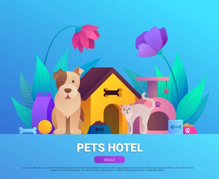 Pets hotel cartoon landing page design.のイラスト素材