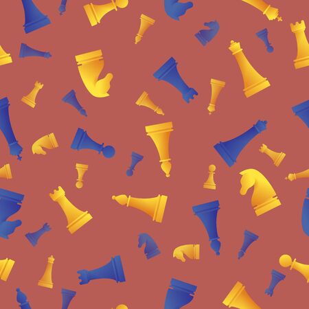 Chess game seamless pattern in cartoon style. Various yellow and blue chess figures on brown background. Chess sport competition wallpaper template. Intellectual and strategy game vector illustration.のイラスト素材