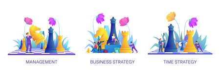 Management and time strategy concept. Collection on topic of business. Office workers considering strategic plan. Set with various characters. Business people with chess figures. Vector illustrationのイラスト素材