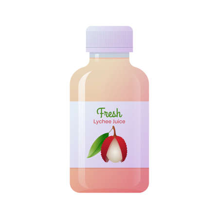 Fresh lychee juice glass bottle. Natural organic tropical bottled drink. Healthy diet, vegetarian detox product mockup template vector illustration isolated on white backgroundのイラスト素材
