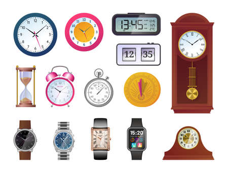 Clock and watch evolution set. Sundial, hourglass, antique wooden pendulum clock, classic analog wrictwatch, electronic smart device flat vector illustration isolated on white background.のイラスト素材
