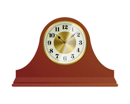 Old wooden table clock with round dial. Vintage style time measuring instrument. Interior decoration...