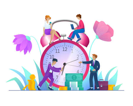 Time management, effective workflow organization. Tiny business people adjusting classic huge alarm...