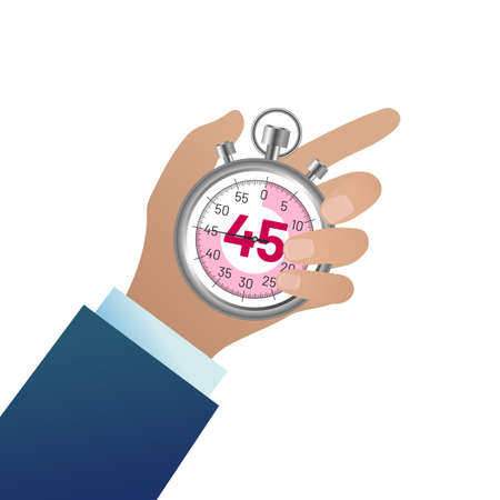 Businessman hand holding stopwatch. Male hand pushing button. Time management, deadline and punctuality concept flat vector illustration isolated on white backgroundのイラスト素材