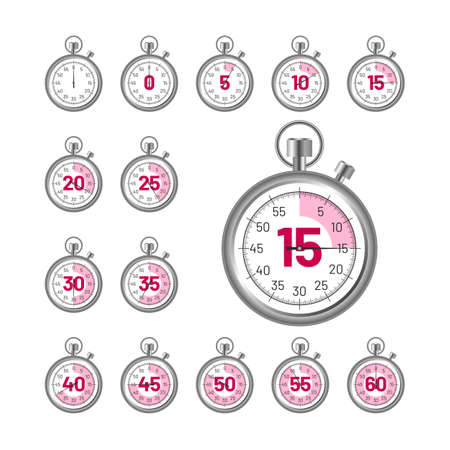 Sports stopwatch with different time intervals. Speed measure tool indicating limited time for event...