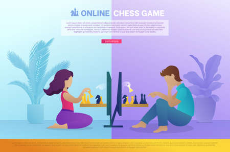Online chess game landing page template. Boy and girl sitting in front of computer screens playing strategic intellectual game. Online chess tournament website, homepage. Flat vector illustrationのイラスト素材